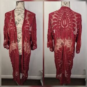 Comfyluxe Kimono Caftan One Size OS Burgundy Lace Cover Up Sheer Boho Whimsycal